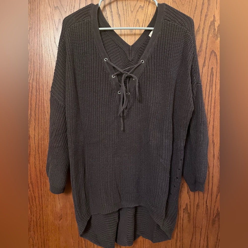 Altar'd State Dark Brown Lace-Up V-Neck Sweater